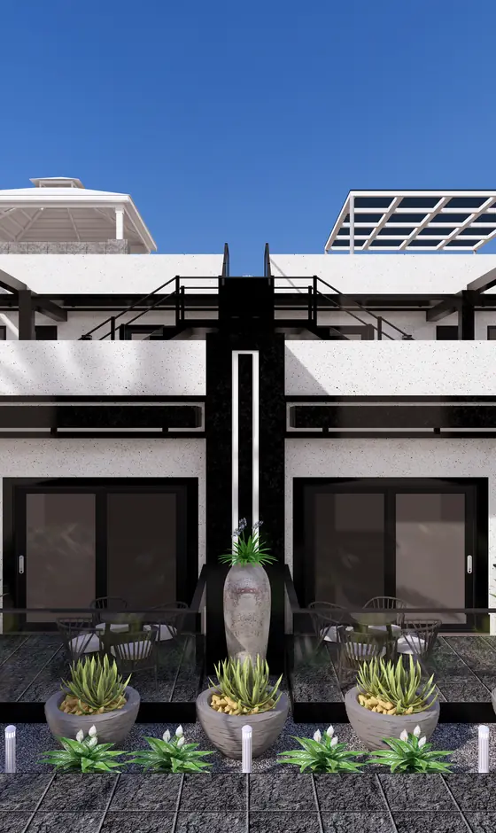 SCDC Texas affordable-luxury multifamily 8-plex apartment building, twilight exterior render